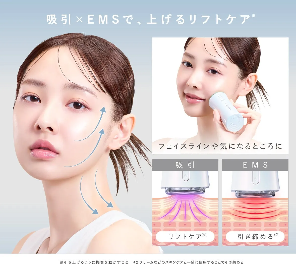 吸引とEMSが肌に働きかけるメカニズムを示す図。リフトケアと引き締めの様子がわかります。