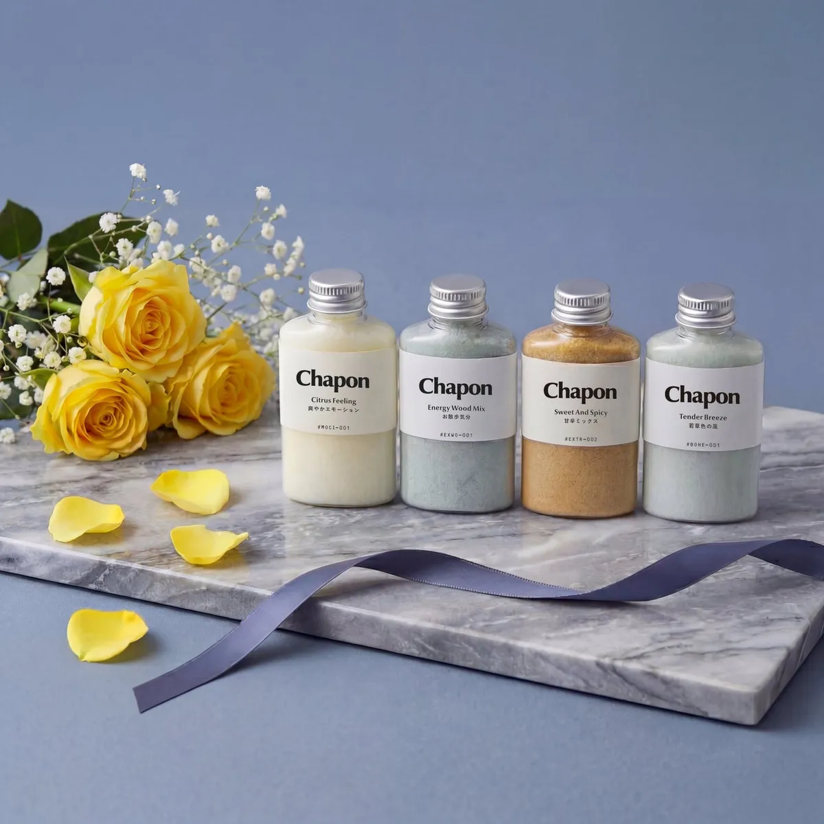 Chapon父の日限定の4本セット。カラフルで洗練されたボトルが並ぶ様子
