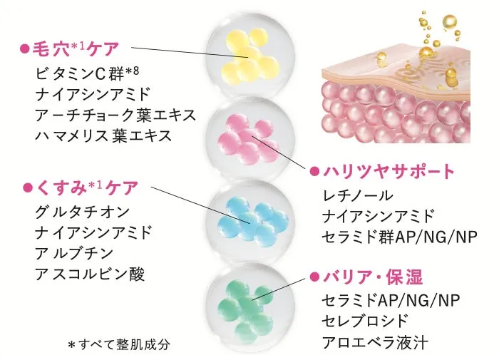 毛穴、くすみ、ハリツヤ、バリア・保湿にアプローチする配合成分のリスト