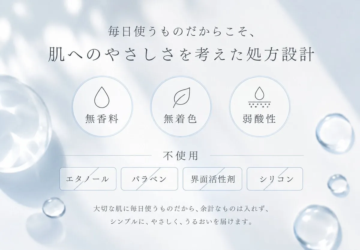 無香料、無着色、弱酸性、エタノール・パラベン不使用などの6つのフリー処方を示すアイコン