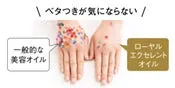 一般的な美容オイルと本商品のベタつきを比較した手の写真