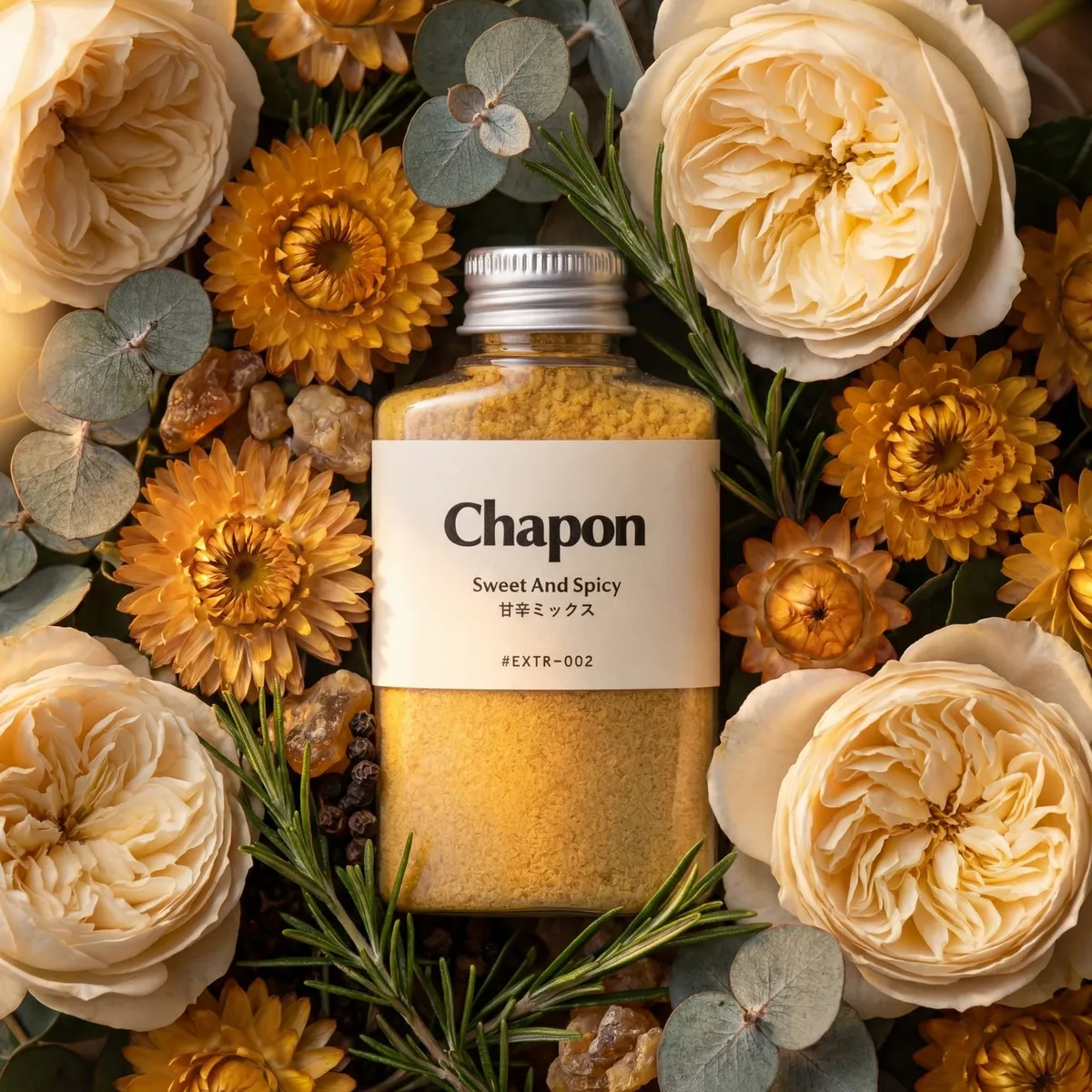 スパイス系の「甘辛ミックス」のボトルとオレンジの花々