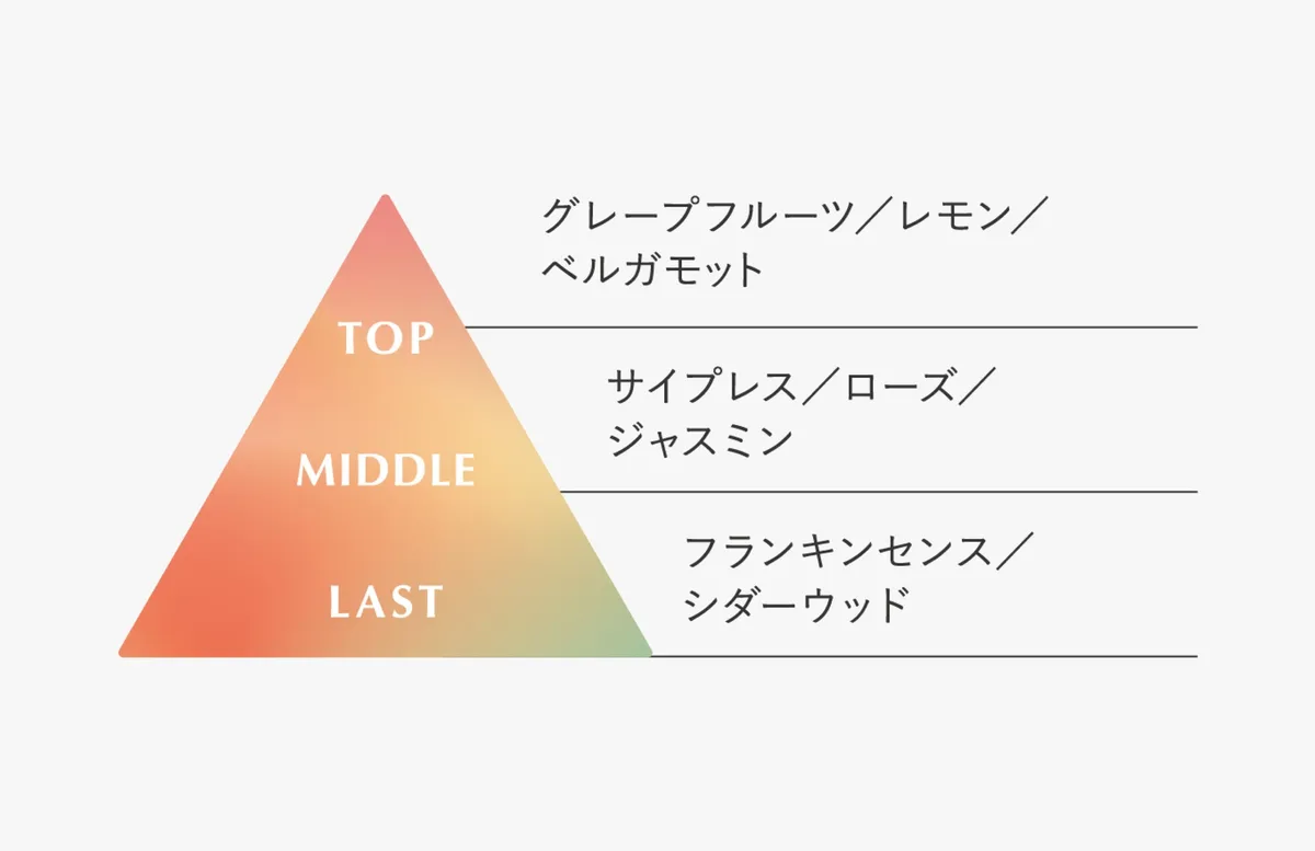 グレープフルーツ、ローズ、シダーウッドなどが重なる香りの構成ピラミッド図