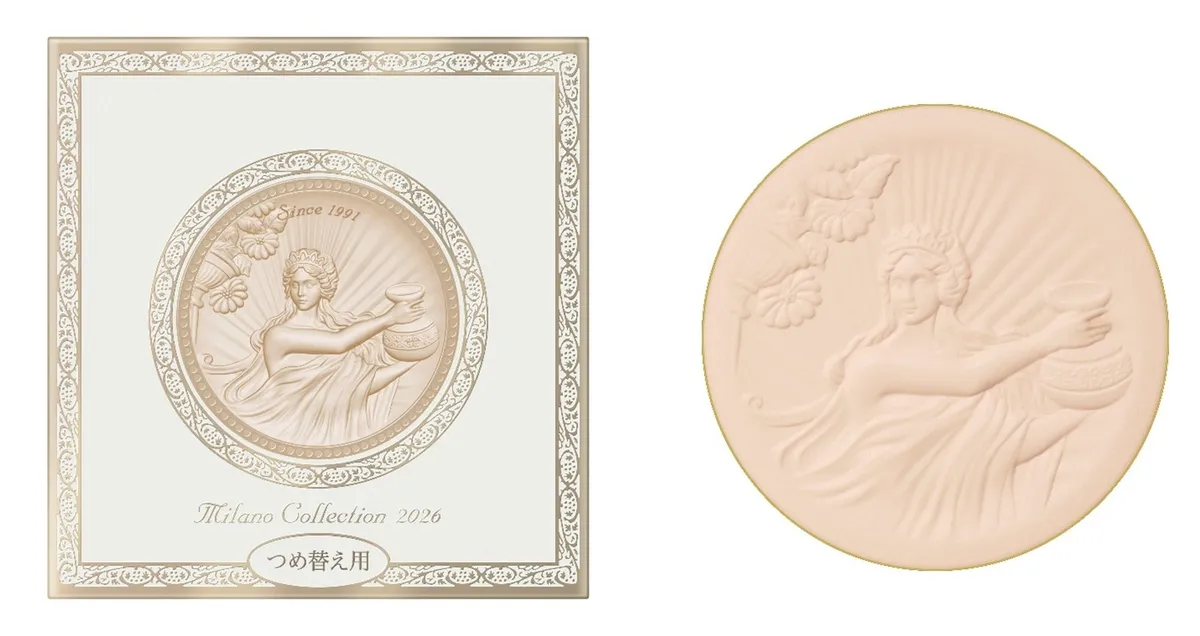 初代復刻デザインの女神が描かれた外箱と、精巧な刻印が施されたレフィル本体