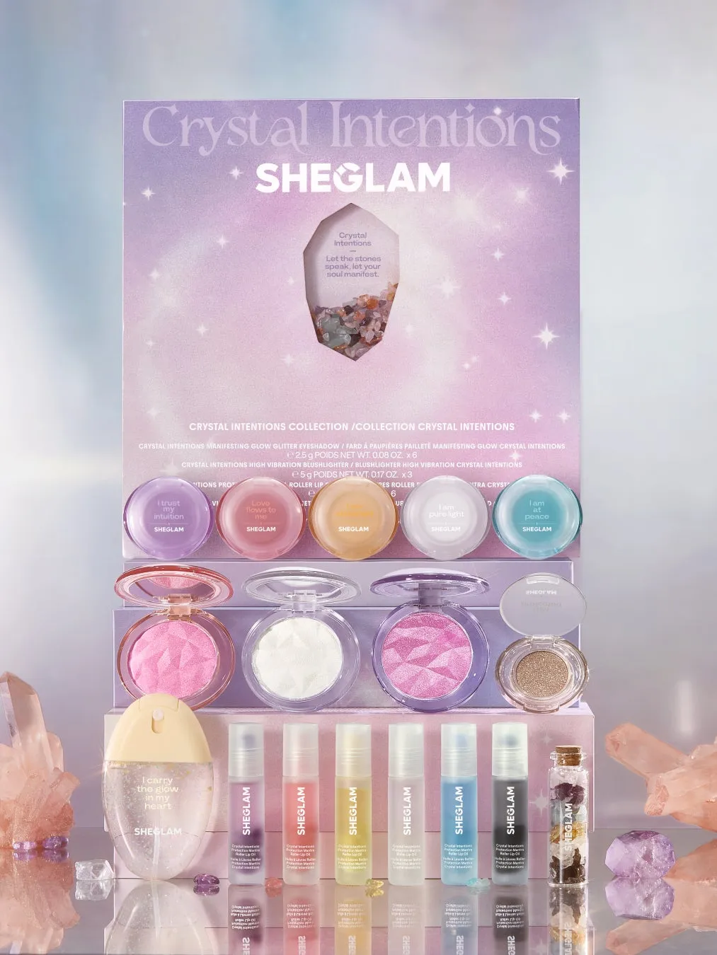 SHEGLAM新作クリスタルコレクションの全ラインナップ。パステルカラーのパッケージが並ぶ様子