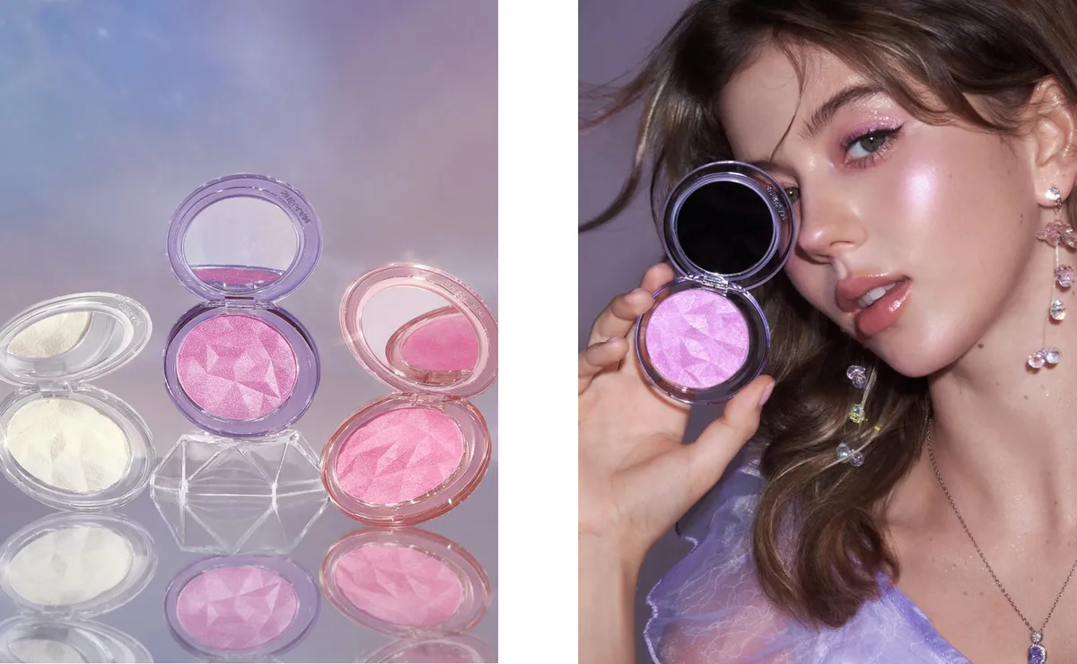 クリスタルカットが施されたHigh Vibration Blushlighterと、それを使用したモデルのツヤ肌メイク