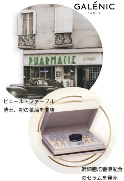 ガレニークの歴史を感じさせる店舗写真とアンプルが並んだギフトボックス