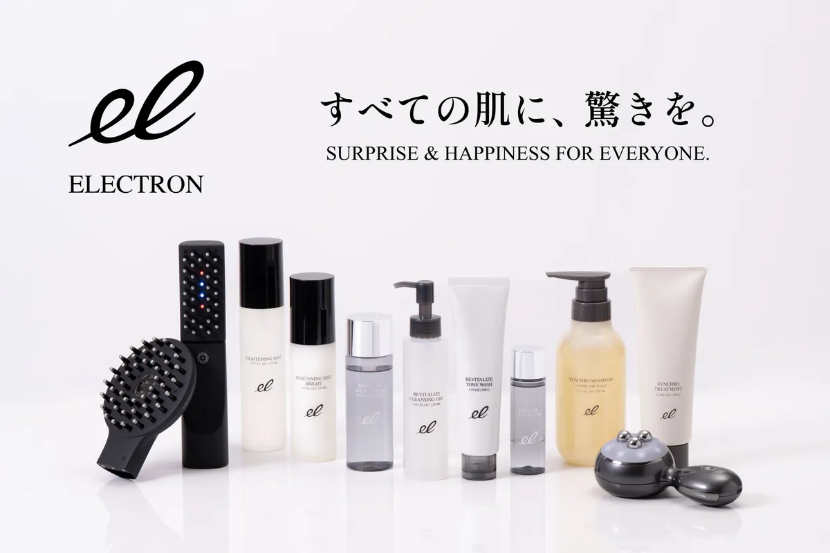 ELECTRONブランドのスキンケアやヘアケア製品が並ぶ様子。