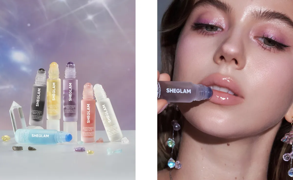 ロールオンタイプのProtection Mantra Roller Lip Oilと、潤いあふれるリップメイクの様子
