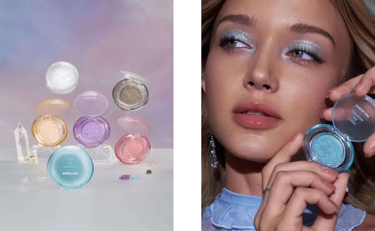 Glow Glitter Eyeshadowのカラーバリエーションと、目元に輝く大粒グリッターのメイク