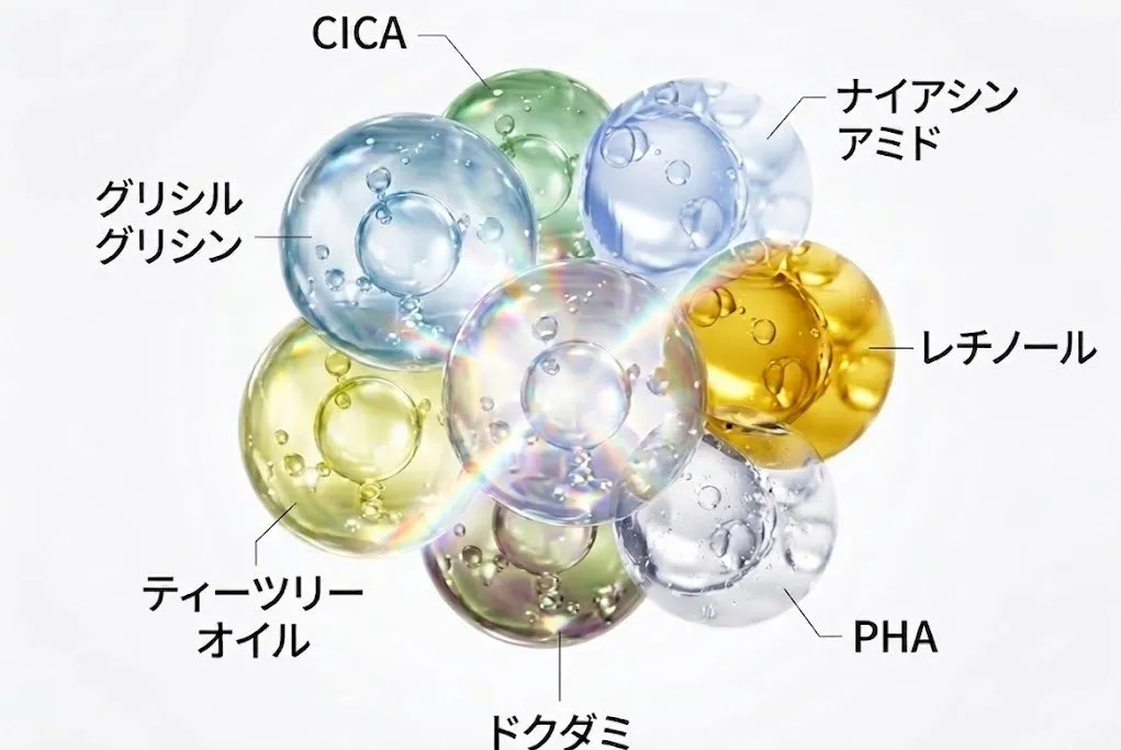 CICA、レチノール、ナイアシンアミドなど配合された主要な美容成分のイメージ図