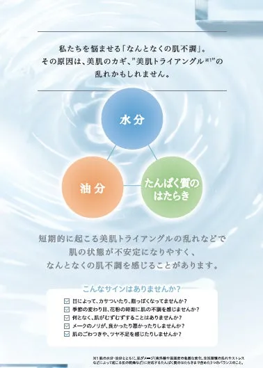 水分、油分、たんぱく質のはたらきを示す美肌トライアングルの図解。
