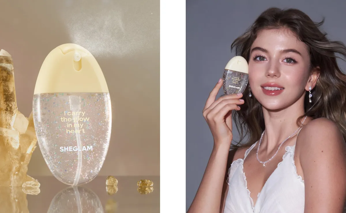Vibe Shield Long-Lasting Setting Sprayのボトルと、スプレーを使用するモデルの爽やかな表情