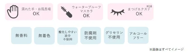 濡れた手OK、マツエクOKなどの機能性アイコン一覧