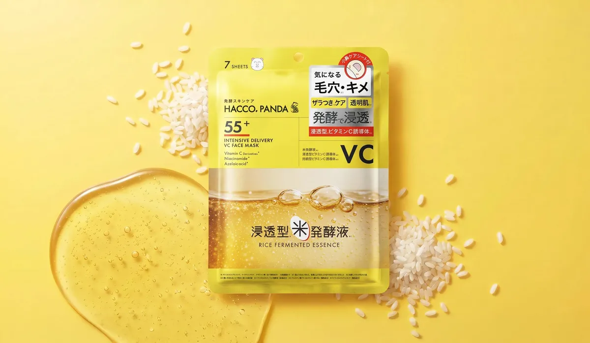 HACCO.PANDA 発酵高浸透VCフェイスマスクのパッケージとお米のイメージ