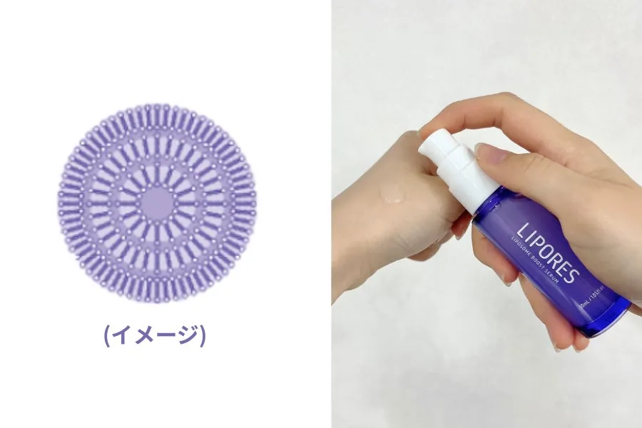 リポソームの構造イメージ図と、実際に手に取った透明でみずみずしい美容液の質感