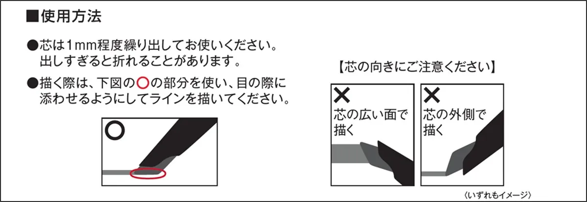 パウダリーナギナタライナーの正しい使い方の図解。芯を1mm出して目の際に沿わせる方法