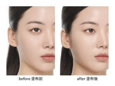 マルチペンシルを使用したビフォーアフター比較。赤みやくすみが消え、均一でツヤのある肌に仕上がっています。