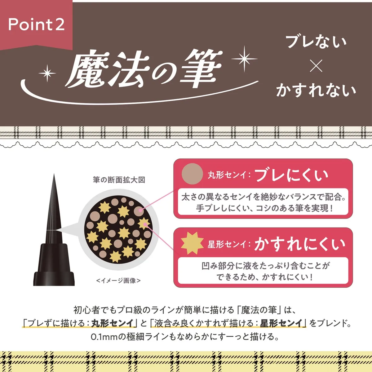 丸形と星形のセンイをブレンドした魔法の筆の断面図