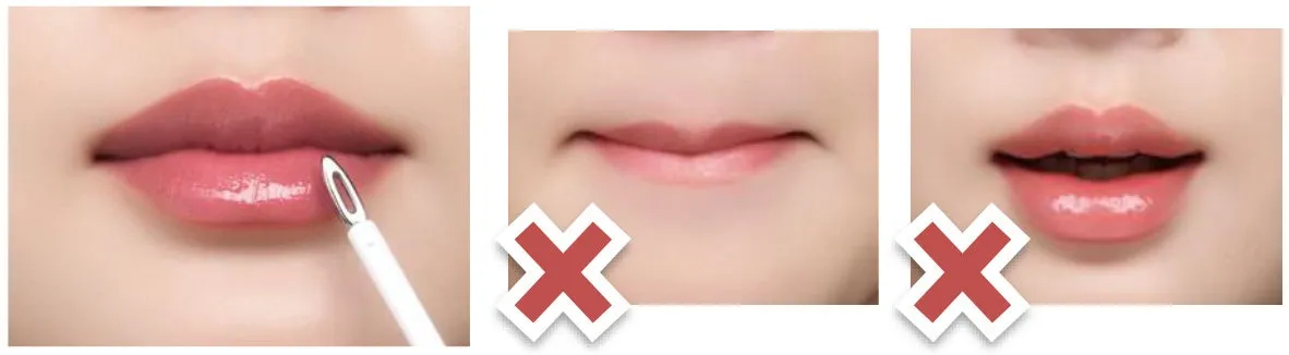 唇にフィクサーを塗布する様子とNG例の比較画像