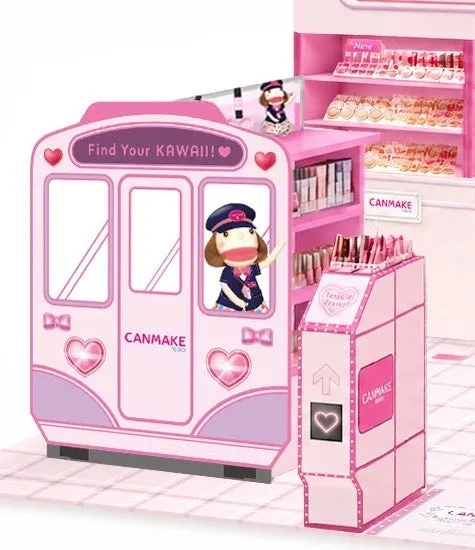 キャンメイクのキャラクターが描かれた電車の扉風什器
