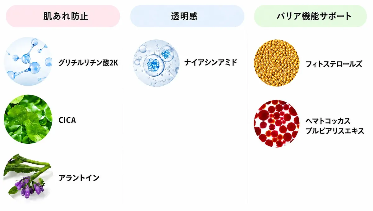 CICAやナイアシンアミドなど配合されているサポート美容成分の図解